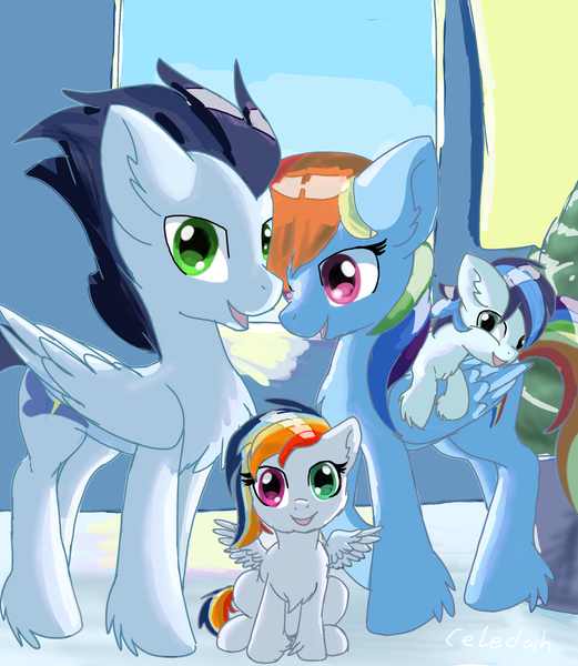 Size: 2073x2386 | Tagged: safe, artist:celedash, derpibooru import, rainbow dash, soarin', oc, pegasus, pony, colt, family, female, filly, foal, image, male, mare, offspring, parent:rainbow dash, parent:soarin', parents:soarindash, png, romantic, shipping, smiling, soarindash, stallion, straight