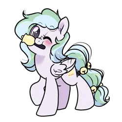 Size: 1300x1300 | Tagged: safe, artist:paperbagpony, derpibooru import, oc, oc:river chime, pegasus, derpibooru community collaboration, 2023 community collab, bell, image, one eye closed, pegasus oc, png, simple background, transparent background, wings, wink