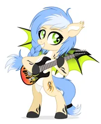 Size: 2725x3340 | Tagged: safe, artist:dianamur, artist:rioshi, artist:starshade, derpibooru import, oc, oc:reka wave, unofficial characters only, bat pony, pony, 2022, base used, bat pony oc, bat wings, blue hair, cute, cutie mark, fangs, female, green eyes, guitar, image, mare, musical instrument, png, simple background, smiling, solo, white background, wings