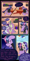 Size: 1024x2065 | Tagged: safe, artist:artsygum, derpibooru import, rainbow dash, rarity, spike, twilight sparkle, oc, oc:radiance, dracony, hybrid, pony, unicorn, adult, adult spike, alternate cutie mark, alternate universe, baby, comic, eyepatch, female, golden oaks library, image, interspecies offspring, library, male, offspring, older, older spike, parent:rarity, parent:spike, parents:sparity, png, shipping, sparity, straight, unicorn twilight, vulgar