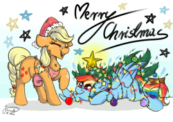 Size: 2047x1447 | Tagged: safe, artist:julunis14, derpibooru import, applejack, rainbow dash, earth pony, pegasus, pony, :p, alternate hairstyle, animated, appledash, apron, chest fluff, christmas, christmas lights, christmas ornament, christmas tree, clothes, cute, decoration, digital, ear fluff, female, freckle, freckles, gif, hat, holiday, image, laughing, leg fluff, lesbian, lights, merry christmas, no sound, santa hat, shipping, signature, silly, stars, text, tongue out, tree