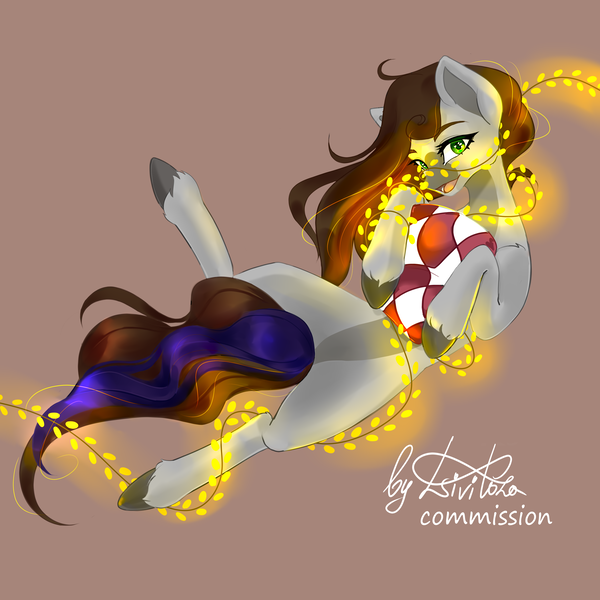 Size: 3900x3900 | Tagged: safe, artist:livitoza, derpibooru import, oc, oc:cj vampire, unofficial characters only, earth pony, pony, christmas, christmas lights, commission, fanart, floating, holiday, image, lights, looking at you, pillow, png, smiling, smiling at you, solo, ych result