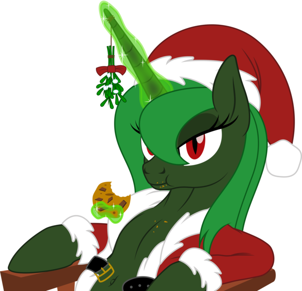 Size: 2200x2118 | Tagged: safe, artist:grypher, derpibooru import, oc, oc:evening "eve" canter, alicorn, fallout equestria, artificial alicorn, belly button, christmas, clothes, cookie, costume, food, green alicorn (fo:e), holiday, image, magic, mistletoe, open clothes, png, santa costume, simple background, sitting, solo, vector