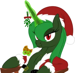 Size: 2200x2118 | Tagged: safe, artist:grypher, derpibooru import, oc, oc:evening "eve" canter, alicorn, fallout equestria, artificial alicorn, belly button, christmas, clothes, cookie, costume, food, green alicorn (fo:e), holiday, image, magic, mistletoe, open clothes, png, santa costume, simple background, sitting, solo, vector