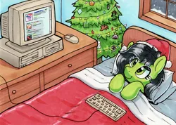 Size: 2068x1471 | Tagged: safe, artist:dandy, derpibooru import, oc, oc:anonfilly, unofficial characters only, pony, /mlp/, 4chan, bed, christmas, christmas tree, computer, copic, eye clipping through hair, female, filly, hat, holiday, image, keyboard, laying on bed, lying down, monitor, on bed, ornaments, pillow, png, santa hat, smiling, snow, solo, traditional art, tree, tucking in, window