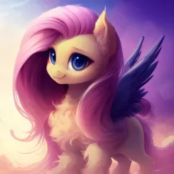 Size: 3072x3072 | Tagged: safe, derpibooru import, machine learning generated, purplesmart.ai, stable diffusion, fluttershy, pony, abstract background, chest fluff, cute, dark blue eyes, dark blue wings, ear fluff, eyebrows, eyelashes, female, fluffy, image, jpeg, mare, smiling, solo, standing, watermark