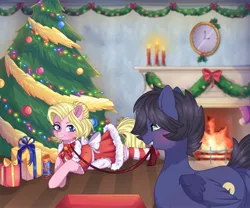 Size: 2048x1706 | Tagged: safe, artist:freyamilk, derpibooru import, oc, oc:fenris ebonyglow, oc:kara waypoint, unofficial characters only, earth pony, pegasus, pony, bell, christmas, clothes, collar, dress, female, holiday, image, jpeg, leash, male, mare, present, stallion, tree, under the tree