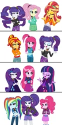 Size: 1367x2749 | Tagged: safe, artist:sarahalen, derpibooru import, adagio dazzle, aria blaze, fluttershy, pinkie pie, rainbow dash, rarity, sonata dusk, sunset shimmer, twilight sparkle, equestria girls, alternate clothes, alternate hairstyle, alternate universe, base used, clothes, crossed arms, cutie mark, cutie mark on clothes, eyes closed, eyeshadow, female, females only, gem, hand on hip, image, makeup, png, simple background, siren gem, the dazzlings, trio, trio female