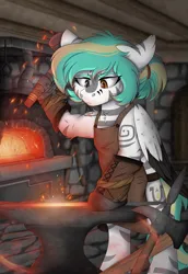 Size: 2170x3157 | Tagged: safe, artist:rokosmith26, derpibooru import, oc, hybrid, pegasus, zebra, anvil, black eye, blacksmith, blue mane, brown eye, clothes, complex background, cutie mark, detailed background, female, fire, focus, focused, forge, furnace, gloves, glow, hammer, heterochromia, image, iron, leather, markings, pegasus oc, png, rope, shading, solo, sparks, steel, sweat, sweatdrop, tools, tribal, tribal markings, weapon, wings, zebra oc