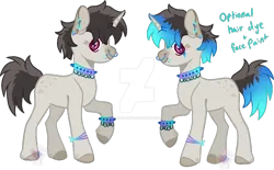 Size: 600x372 | Tagged: safe, artist:pure-blue-heart, derpibooru import, oc, unofficial characters only, pony, unicorn, base used, bracelet, choker, commission, deviantart watermark, ear piercing, earring, hair dye, horn, image, jewelry, male, nose piercing, obtrusive watermark, parent:octavia melody, parent:vinyl scratch, piercing, png, simple background, stallion, stallion oc, transparent background, two toned mane, unicorn oc, watermark