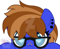 Size: 400x325 | Tagged: safe, artist:pure-blue-heart, derpibooru import, oc, oc:bluebook, unofficial characters only, pony, base used, blue eyes, deviantart watermark, ear piercing, earring, female, freckles, glasses, image, jewelry, mare, obtrusive watermark, peeking, piercing, png, simple background, solo, transparent background, two toned mane, watermark