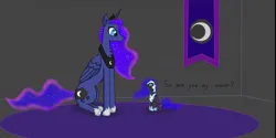 Size: 1651x828 | Tagged: safe, artist:nismorose, derpibooru import, nightmare moon, princess luna, alicorn, pony, armor, blue eyes, canterlot castle, carpet, chest fluff, confused, crown, cutie mark, daughter, ear fluff, ethereal mane, ethereal tail, female, filly, flag, foal, g4, horn, image, indoors, jewelry, jpeg, mare, mom, moon, nightmare woon, no mouth, questioning, regalia, shocked, slit pupils, starry mane, starry tail, tail, wavy mane, wavy tail, wings