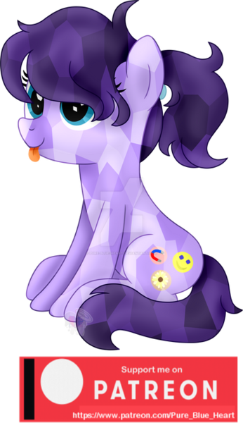 Size: 400x694 | Tagged: safe, artist:pure-blue-heart, derpibooru import, oc, oc:magnetic hug, crystal pony, earth pony, pony, :p, deviantart watermark, female, image, mare, obtrusive watermark, patreon, patreon logo, patreon reward, png, ponytail, purple mane, simple background, sitting, tongue out, transparent background, watermark