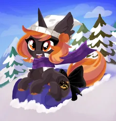 Size: 2378x2500 | Tagged: safe, artist:spookyle, derpibooru import, oc, oc:harvest moon, pony, unicorn, clothes, female, image, mare, png, scarf, sled, snow, solo