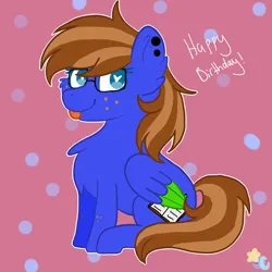 Size: 1024x1024 | Tagged: safe, artist:lazyy-llama, derpibooru import, oc, oc:bluebook, pegasus, pony, :p, birthday, colored wings, ear piercing, earring, female, freckles, gift art, glasses, image, jewelry, jpeg, mare, pegasus oc, piercing, simple background, sitting, tongue out, two toned mane, wings