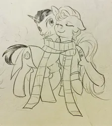 Size: 2268x2558 | Tagged: safe, artist:tulidewo, derpibooru import, doctor whooves, time turner, clothes, fifth doctor, image, jpeg, scarf, shared clothing, shared scarf, striped scarf, the master, traditional art