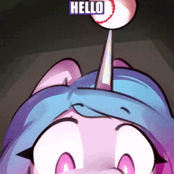 Size: 720x720 | Tagged: safe, artist:crazyratopia, artist:mirroredsea, derpibooru import, izzy moonbow, sunny starscout, earth pony, pony, unicorn, female, g5, hello, hi, image, looking at you, looking down, mare, meme, solo, text, this person tried to unlock your phone, webm