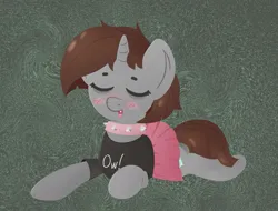 Size: 1027x780 | Tagged: safe, artist:dynamosaysrelax, derpibooru import, oc, oc:zoozy brew, unofficial characters only, pony, unicorn, blushing, choker, clothes, cute, cute little fangs, eyes closed, fangs, image, jpeg, lying down, prone, shirt, skirt, smiling, solo, spiked choker