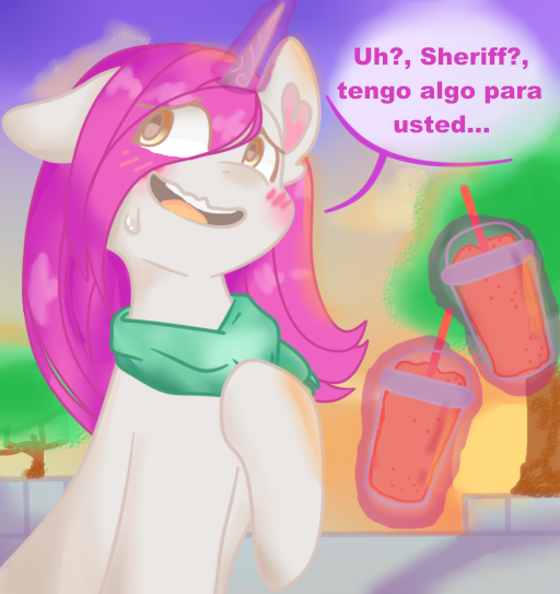 Size: 512x543 | Tagged: safe, artist:flower-black, derpibooru import, pony, unicorn, g5, image, implied hitch trailblazer, png, smoothie, spanish