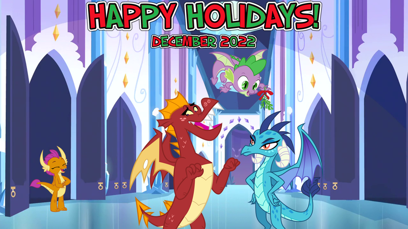 Size: 2063x1161 | Tagged: safe, artist:drakizora, artist:melisareb, artist:memnoch, artist:not-yet-a-brony, derpibooru import, garble, princess ember, smolder, spike, dragon, 2022, brother and sister, christmas, crystal empire, december, embarrassed, ember is not amused, female, friendship, happy holidays, hearth's warming, holiday, image, laughing, male, mistletoe, png, prank, shipper on deck, siblings, song reference, unamused, youtube link in the description