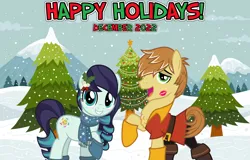 Size: 2064x1321 | Tagged: safe, anonymous artist, artist:cloudyglow, artist:jhayarr23, derpibooru import, coloratura, feather bangs, earth pony, pony, 2022, christmas, colorabangs, december, duet, female, friendship, happy holidays, hearth's warming, holiday, image, kiss mark, lipstick, lyrics in the description, male, mare, mistletoe, png, shipping, singing, smiling, stallion, straight, youtube link in the description