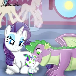 Size: 1300x1300 | Tagged: safe, artist:mlplary6, derpibooru import, rarity, spike, oc, oc:pearl, dracony, dragon, hybrid, pony, unicorn, baby, family, female, filly, foal, image, interspecies offspring, lying down, male, mare, offspring, parent:rarity, parent:spike, parents:sparity, png, shipping, smiling, sparity, straight