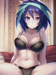 Size: 512x682 | Tagged: suggestive, derpibooru import, editor:sammykun, machine learning generated, novelai, stable diffusion, vinyl scratch, human, equestria girls, bed, belly button, black underwear, breasts, bust, busty vinyl scratch, clothes, humanized, image, jpeg, lingerie, looking at you, midriff, reasonably sized breasts, sexy, spread legs, spreading, underwear