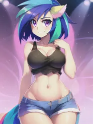 Size: 512x683 | Tagged: suggestive, derpibooru import, editor:sammykun, machine learning generated, novelai, stable diffusion, vinyl scratch, human, equestria girls, black shirt, breasts, busty vinyl scratch, clothes, denim, denim shorts, humanized, image, jpeg, looking at you, midriff, reasonably sized breasts, sexy, shirt, shorts, smiling, smiling at you
