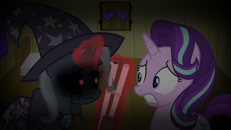 Size: 1280x720 | Tagged: semi-grimdark, artist:horses are fuckin weird, artist:sinkbon, derpibooru import, starlight glimmer, trixie, concerned, cover, crying, friday night funkin', gun, image, imminent death, imminent suicide, mistful crimson morning, png, red eyes take warning, sad, scared, trixie's wagon, wagon, weapon, youtube link