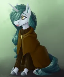 Size: 2500x3000 | Tagged: safe, artist:stardustspix, derpibooru import, oc, oc:bright eyes, unofficial characters only, pony, unicorn, clothes, hair over one eye, image, looking to the left, png, sideways glance, sitting, solo