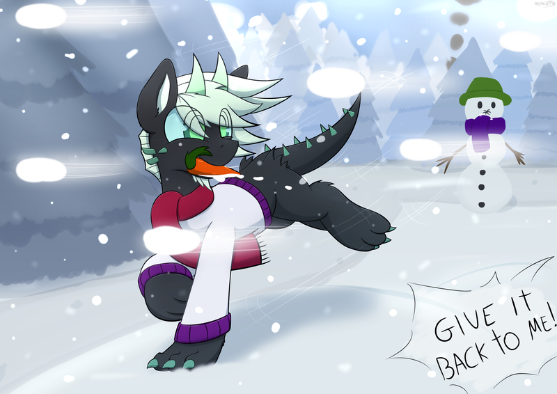 Size: 4092x2893 | Tagged: safe, artist:monycaalot, derpibooru import, oc, oc:jade oni, unofficial characters only, earth pony, pony, image, png, running, snow, snowball, solo