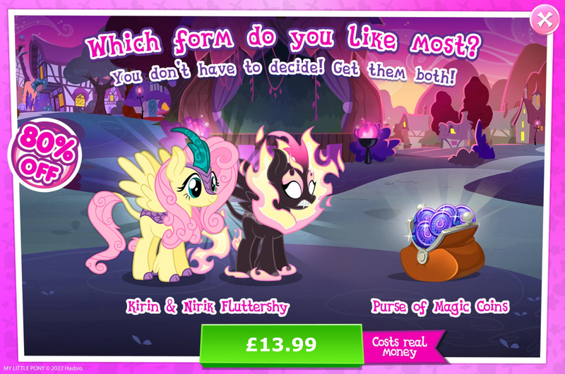 Size: 1958x1298 | Tagged: safe, derpibooru import, official, fluttershy, kirin, nirik, winged kirin, advertisement, cloven hooves, costs real money, duality, english, fangs, female, fire, gameloft, horn, image, jpeg, kirin fluttershy, kirinified, magic coins, mane of fire, mobile game, my little pony: magic princess, numbers, sale, solo, solo focus, species swap, text