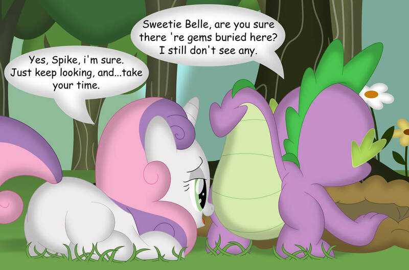 Size: 1100x726 | Tagged: safe, artist:porygon2z, derpibooru import, spike, sweetie belle, dragon, pony, unicorn, butt, digging, dragonbutt, eyes on the prize, female, filly, flower, foal, image, jpeg, looking at butt, male, plot, shipping, speech bubble, spikebelle, straight