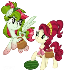 Size: 3662x4096 | Tagged: safe, artist:sjart117, derpibooru import, cherry jubilee, oc, oc:watermelana, earth pony, pegasus, pony, basket, cherry, female, flying, food, freckles, fruit, gradient hooves, image, mare, mole, movie accurate, png, simple background, transparent background, watermelon, wings