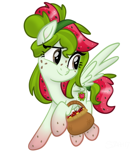 Size: 3662x4096 | Tagged: safe, artist:sjart117, derpibooru import, oc, oc:watermelana, unofficial characters only, pegasus, pony, basket, cherry, female, flying, food, freckles, fruit, gradient hooves, image, mare, movie accurate, pegasus oc, png, simple background, transparent background, wings