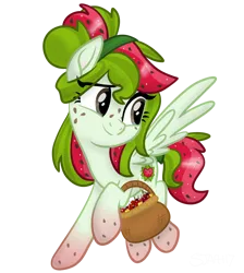 Size: 3662x4096 | Tagged: safe, artist:sjart117, derpibooru import, oc, oc:watermelana, unofficial characters only, pegasus, pony, basket, cherry, female, flying, food, freckles, fruit, gradient hooves, image, mare, movie accurate, pegasus oc, png, simple background, transparent background, wings