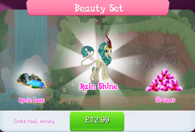 Size: 1267x860 | Tagged: safe, derpibooru import, official, rain shine, kirin, bundle, bush, cloven hooves, costs real money, english, female, gameloft, gem, horn, image, jpeg, lake, mobile game, my little pony: magic princess, numbers, runes, sale, solo, solo focus, text, water, waterfall