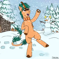 Size: 1000x1000 | Tagged: safe, artist:terminalhash, derpibooru import, oc, oc:spruce pastille, kirin, fog, forest, house, image, kirin oc, png, snow, snowfall, snowman, solo, tree