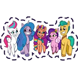 Size: 512x512 | Tagged: safe, derpibooru import, official, hitch trailblazer, izzy moonbow, pipp, pipp petals, sunny starscout, zipp storm, earth pony, pegasus, pony, unicorn, bag, blushing, female, g5, grin, group, headband, image, jewelry, male, mane five (g5), mane stripe sunny, mare, multicolored hair, my little pony: mane merge, open mouth, open smile, pipp is short, png, quintet, regalia, saddle bag, simple background, smiling, stallion, sticker, transparent background, unshorn fetlocks