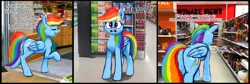 Size: 6040x2028 | Tagged: safe, artist:phutashi, derpibooru import, rainbow dash, pegasus, pony, absurd resolution, butt, christmas, comic, decoration, dialogue, female, frown, halloween, holiday, image, irl, mare, photo, plot, png, ponies in real life, store, talking