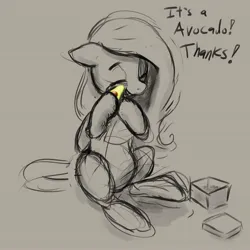 Size: 1999x1999 | Tagged: safe, artist:phutashi, derpibooru import, fluttershy, pegasus, pony, avocado, christmas, eyes closed, female, floppy ears, food, gray background, grayscale, holiday, hoof hold, image, jpeg, mare, monochrome, nuzzling, partial color, present, simple background, sketch, solo