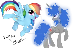 Size: 1600x1048 | Tagged: safe, artist:pure-blue-heart, derpibooru import, rainbow dash, oc, oc:blue flame, alicorn, pegasus, pony, alicorn oc, blue hair, deviantart watermark, female, fire hair, flying, horn, image, mare, multicolored hair, obtrusive watermark, open mouth, png, purple eyes, rainbow hair, raised hoof, simple background, transparent background, watermark, wings