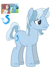 Size: 1224x1642 | Tagged: safe, artist:lanternik, derpibooru import, prince blueblood, trixie, oc, pony, unicorn, base used, female, frown, horn, image, male, mare, offspring, parent:prince blueblood, parent:trixie, parents:bluetrix, png, screencap reference, simple background, stallion, unicorn oc, unshorn fetlocks, white background