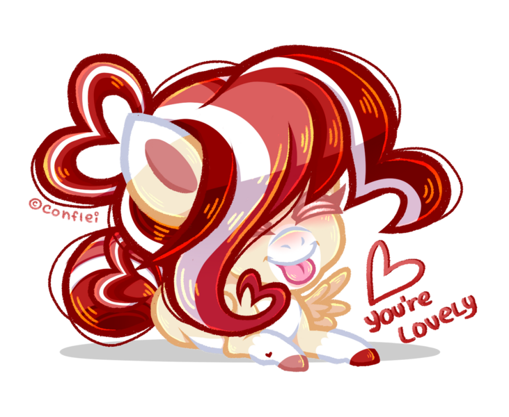 Size: 1280x1051 | Tagged: safe, artist:conflei, derpibooru import, oc, unofficial characters only, pegasus, pony, :p, chibi, colored hooves, eyelashes, eyes closed, female, heart, image, lying down, mare, pegasus oc, png, prone, solo, tongue out, wings