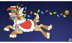 Size: 1598x952 | Tagged: safe, artist:greenarsonist, derpibooru import, oc, oc:olive (reindeer), unofficial characters only, deer, christmas, christmas lights, clothes, coat, cute, deer oc, female, flying, grin, holiday, image, markings, mouth hold, multicolored hair, night, non-pony oc, png, reindeer oc, secret santa, smiling, solo, stars, unshorn fetlocks