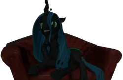 Size: 3299x2147 | Tagged: safe, derpibooru import, queen chrysalis, changeling, 3d, couch, female, gmod, image, looking at you, png, smiling, smiling at you, solo