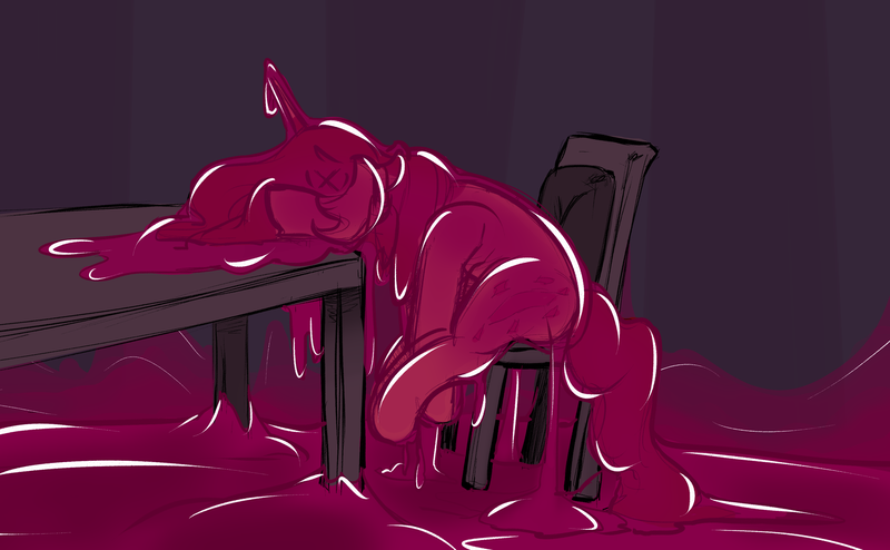 Size: 3400x2100 | Tagged: safe, artist:sile-animus, derpibooru import, oc, oc:sile, goo, unicorn, chair, covered in goo, covered in slime, image, knocked out, png, sitting, slime, x eyes