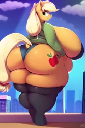 Size: 512x768 | Tagged: suggestive, derpibooru import, machine learning generated, novelai, stable diffusion, applejack, anthro, earth pony, unguligrade anthro, applebutt, bbw, belly, big belly, big breasts, blushing, breasts, busty applejack, butt, clothes, fat, fat boobs, female, hoodie, huge breasts, huge butt, hyper, hyper breasts, hyper butt, image, impossibly large breasts, impossibly large butt, large butt, looking back, nudity, obese, panties, partial nudity, png, rear view, rooftop, skyscraper, socks, solo, solo female, ssbbw, stockings, the ass was fat, thigh highs, thighs, thunder thighs, underwear, wide hips