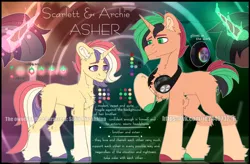 Size: 3800x2500 | Tagged: safe, artist:medkit, derpibooru import, oc, oc:archie asher, oc:scarlett asher, unofficial characters only, pony, unicorn, big eyes, brother, brother and sister, duo, eyes open, female, headphones, high res, horseshoes, image, long tail, looking at each other, looking at someone, magic, magic aura, male, mare, missing cutie mark, multicolored hair, paint tool sai 2, png, raised hoof, reference sheet, short mane, short tail, siblings, sister, smiling, stallion, standing, tail, watermark