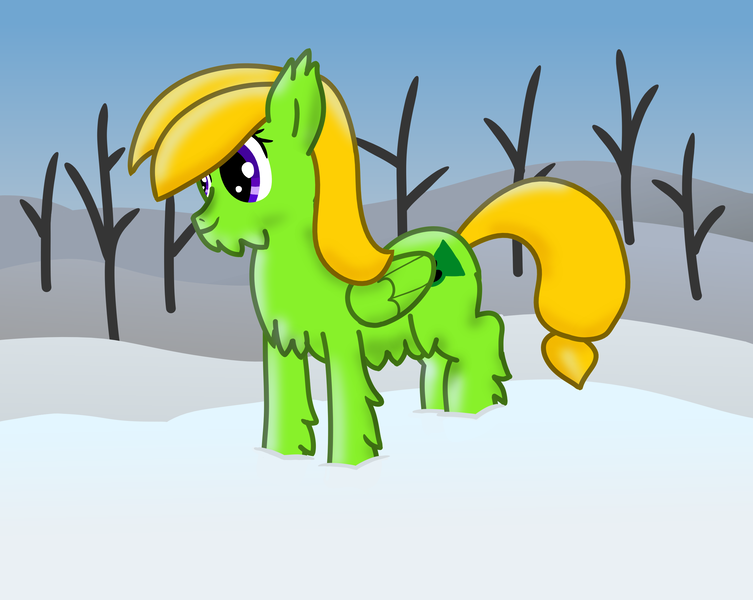 Size: 2560x2040 | Tagged: safe, artist:trixiecutiepox, derpibooru import, oc, oc:candy meow, unofficial characters only, pegasus, pony, taiga pony, chest fluff, day, dead tree, digital art, ear fluff, female, fluffy, folded wings, green fur, high res, image, mare, pegasus oc, png, purple eyes, sky, smiling, snow, solo, standing, tree, wings, yellow hair